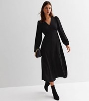 New Look Black Button Front Long Puff Sleeve Midi Dress